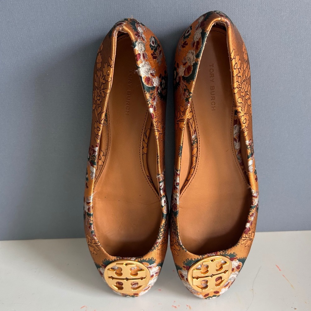 Tory Burch Chelsea Ballet Flats Size 9.5 Sunset Bonfire Brocade Gold Floral - Picture 8 of 12